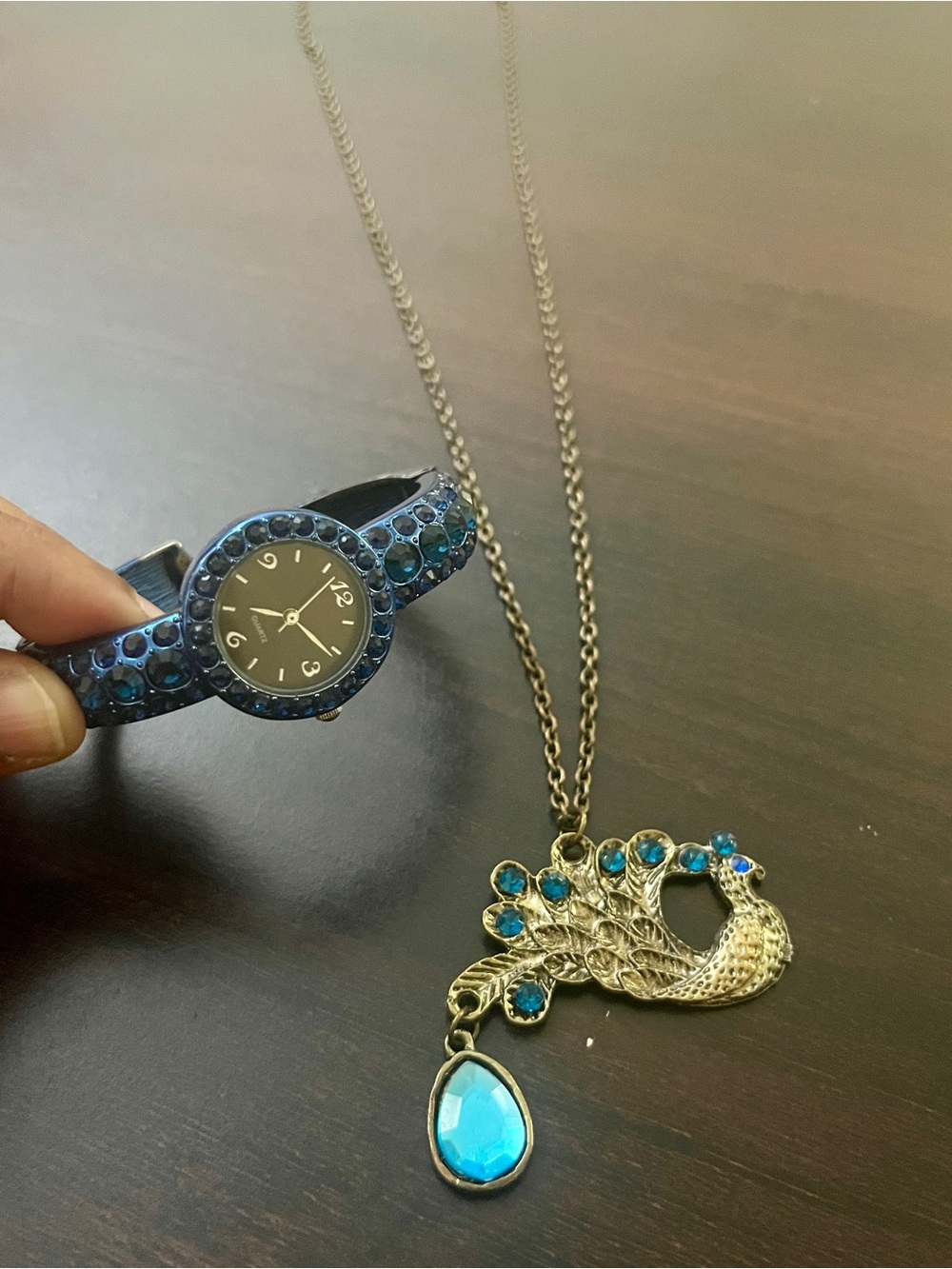 Blue Crystal Bangle Watch and Peacock Pendant Necklace Set